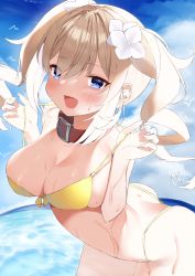 Rule 34 | 1girl, absurdres, alternate costume, ass, barbara (genshin impact), bikini, blonde hair, blue eyes, blush, breasts, collar, dimples of venus, drill hair, flower, genshin impact, hair ornament, highres, large breasts, looking at viewer, ocean, open mouth, sky, smile, solo, swimsuit, thighs, tongue, twin drills, twintails, water, wet, yellow bikini