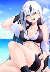 Rule 34 | 1girl, absurdres, bare shoulders, bikini, black hair, blush, breasts, cleavage, collarbone, fate/grand order, fate (series), highres, koha-ace, kugatunohito, large breasts, long hair, looking at viewer, medium breasts, multicolored hair, nagao kagetora (fate), navel, open mouth, smile, solo, streaked hair, swimsuit, thighs, two-tone hair, white hair, yellow eyes