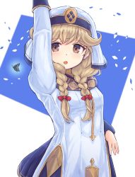 Rule 34 | 1girl, alternate costume, arm up, blue background, blush, braid, brown eyes, brown hair, bug, butterfly, cosplay, dress, faye (fire emblem), fire emblem, fire emblem echoes: shadows of valentia, flipped hair, hair ribbon, hat, highres, insect, kutabireta neko, long hair, long sleeves, low-braided long hair, low-tied long hair, nintendo, open mouth, red ribbon, ribbon, silque (fire emblem), simple background, solo, twin braids, veil, white background, white dress