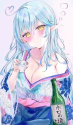 Rule 34 | 1girl, ahoge, alcohol, bare shoulders, blue hair, blush, bottle, breasts, cleavage, closed mouth, collarbone, drunk, hair between eyes, heart, heart ahoge, highres, holding, holding bottle, hololive, japanese clothes, kimono, large breasts, long hair, looking at viewer, mile (off8mile), off shoulder, pointy ears, sake, sake bottle, solo, virtual youtuber, yellow eyes, yukata, yukihana lamy, yukihana lamy (new year)