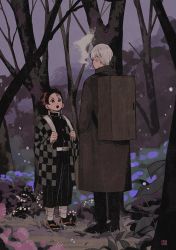 Rule 34 | 2boys, ao xin, back, backpack, bag, bare tree, belt, black footwear, black hair, black jacket, black pants, box, brown coat, cigarette, coat, crossover, forest, from behind, full body, ginko, hair slicked back, hand in pocket, haori, height difference, highres, jacket, japanese clothes, kamado tanjirou, kimetsu no yaiba, looking at another, looking up, multicolored hair, multiple boys, mushishi, nature, open mouth, outdoors, pants, red eyes, red hair, sandals, scar, scar on face, scar on forehead, short hair, signature, silver hair, smoking, standing, tree, two-tone hair, uniform