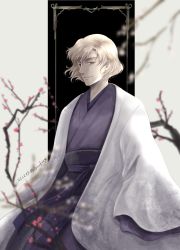 Rule 34 | 1boy, absurdres, benno (honzuki no gekokujou), blonde hair, blurry, blurry background, highres, honzuki no gekokujou, japanese clothes, kimono, light smile, long sleeves, male focus, red eyes, short hair, solo, standing, yuuko24