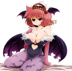 Rule 34 | 1girl, animal print, arano oki, bat (animal), bat print, breasts, bridal gauntlets, capcom, cleavage, clothing cutout, collarbone, cosplay, demon wings, female focus, hair bobbles, hair ornament, hand on own chest, hat, head wings, heart, heart cutout, highres, kawashiro mitori, large breasts, morrigan aensland, morrigan aensland (cosplay), original, pantyhose, print pantyhose, red eyes, red hair, short hair, side ponytail, simple background, solo, touhou, vampire (game), wings