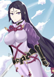 Rule 34 | 1girl, absurdres, armor, armored leotard, black hair, bodysuit, breasts, colored skin, fate/grand order, fate (series), fingerless gloves, gloves, greyscale, highres, katana, large breasts, leotard, long hair, looking at viewer, low-tied long hair, minamoto no raikou (fate), monochrome, motherly, parted bangs, purple bodysuit, purple eyes, rope, samurai, self-upload, simple background, sky, solo, source request, standing, sword, tall, tight clothes, very long hair, weapon, white skin