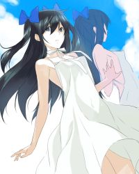 Rule 34 | 1girl, bare shoulders, black hair, blue eyes, character request, cloud, dress, highres, kagetomo midori, md5 mismatch, reflection, resized, sky, solo