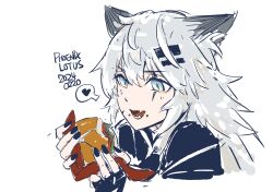 Rule 34 | 1girl, animal ears, arknights, artist name, black jacket, blue eyes, burger, chinese commentary, commentary request, cropped shoulders, dated, dated commentary, eating, fingernails, food, food on face, grey hair, hair between eyes, heart, highres, holding, holding food, jacket, lappland (arknights), long hair, looking at food, looking at object, looking down, open mouth, phoenixlotus, scar, scar across eye, signature, simple background, sketch, smile, solo, spoken heart, unfinished, white background, wolf ears, wolf girl