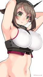 Rule 34 | 10s, 1girl, 2015, armpits, arms behind head, arms up, artist name, bad id, bad pixiv id, blush, bottomless, breasts, brown hair, covered erect nipples, crop top, dated, green eyes, groin, headgear, highres, huge breasts, kantai collection, kuro chairo no neko, looking at viewer, mutsu (kancolle), navel, out-of-frame censoring, short hair, solo