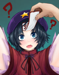 Rule 34 | 1girl, ?, black hair, blouse, blue eyes, blurry, blush, depth of field, fangs, gradient background, green background, highres, jakomurashi, jiangshi, looking at viewer, miyako yoshika, outstretched arms, red shirt, shirt, solo, touhou, upper body