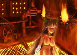 Rule 34 | 1girl, amibazh, bandages, black hair, bow, crossover, fire, highres, industrial pipe, long hair, navel, no nipples, reiuji utsuho, silent hill, silent hill: homecoming, silent hill (series), solo, touhou, valve, yatagarasu