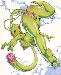 Rule 34 | alien, antennae, anus, ass, breasts, colored skin, flying, green skin, isaac j horn, large breasts, looking back, lvl9drow, monster girl, nipples, nude, penis, penis tail, pointy ears, precum, pussy, sky, sky nymph, tail, uncensored