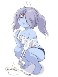 Rule 34 | 1girl, alternate costume, blue skin, blush, colored skin, contemporary, cutoffs, grey hair, hair over one eye, highres, leviathan (skullgirls), mtk hoshi, off shoulder, red eyes, skeletal arm, skullgirls, squatting, squigly (skullgirls), stitched mouth, stitches, strapless, sweat, tube top, twintails, wet, white background