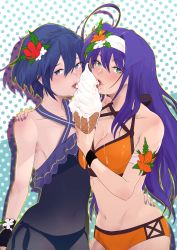 Rule 34 | 2girls, blue eyes, blue hair, breasts, cleavage, fingerless gloves, fire emblem, flower, flower on head, food, gloves, green eyes, heart, heart-shaped pupils, highres, ice cream, licking, lucina (fire emblem), mia (fire emblem), multiple girls, nintendo, purple hair, sexually suggestive, symbol-shaped pupils, tagme, tongue, tongue out, vialnite