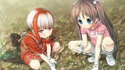 Rule 34 | &gt;:), 2girls, 3:, 3:&lt;, blush, child, clothes writing, cura, flat (company), game cg, gloves, highres, hood, hoodie, japanese clothes, kimono, kneehighs, monobeno, multicolored hair, multiple girls, plaid, plaid short, plaid shorts, red hair, sawai natsuha, shoes, shorts, smile, socks, soil, squatting, striped clothes, striped legwear, striped socks, sumi (monobeno), sweatdrop, tasuki, two-tone hair, two side up, v-shaped eyebrows, weeding, white gloves, white hair