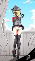 Rule 34 | 10s, 1girl, ?, ass, black thighhighs, blonde hair, blue sky, butt crack, clothes lift, curtains, day, f-rhine, from behind, fxrhine, hat, highres, kantai collection, military, military hat, military uniform, panties, peaked cap, prinz eugen (kancolle), skirt, skirt lift, sky, solo, thighhighs, twintails, underwear, uniform, white background, white panties, window
