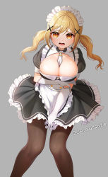 Rule 34 | 1girl, apron, bang dream!, between breasts, black dress, blonde hair, blush, breasts, brown hair, brown pantyhose, buttons, cleavage, commentary request, dopamine70, double-breasted, dress, dress tug, feet out of frame, frilled dress, frills, gloves, grey background, hair ornament, highres, ichigaya arisa, large breasts, long hair, looking at viewer, maid, maid headdress, open mouth, pantyhose, puffy sleeves, simple background, solo, twintails, white apron, x hair ornament