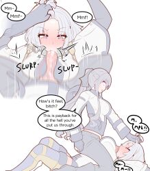 Rule 34 | 2girls, absurdres, ak-12 (girls&#039; frontline), black gloves, black pants, blush, boots, braid, breasts, english text, fellatio, french braid, futa with female, futanari, girl on top, girls&#039; frontline, gloves, grabbing another&#039;s hair, grey hair, highres, large breasts, long hair, long sleeves, lying, multiple girls, on back, oral, paizuri, paizuri over clothes, pants, penis, physisyoon, ponytail, purple eyes, rpk-16 (girls&#039; frontline), shirt, short hair, simple background, speech bubble, straddling, straddling paizuri, white background