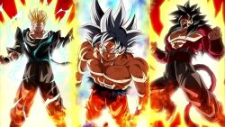 Rule 34 | angry, aura, bardock, father and son, fighting stance, grandfather and grandson, highres, muscular, muscular male, official art, red fur, screaming, serious, son gohan (future), son goku, super dragon ball heroes, super saiyan, super saiyan 2, super saiyan 4, tagme, ultra instinct
