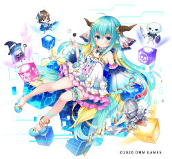 Rule 34 | 1girl, anklet, armor, blue eyes, blue hair, brooch, brown horns, chibi, cube, detached sleeves, dice, dress, gemini seed, hat, horns, jewelry, long hair, looking at viewer, mitsuba choco, official art, pentagram, skeleton, thigh strap, watermark, white background, white dress, wizard hat