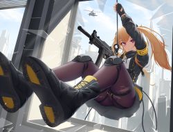 Rule 34 | aircraft, ass, black footwear, black gloves, black jacket, black legwear, boots, brown hair, building, cityscape, closed mouth, commentary, english commentary, fingerless gloves, girls&#039; frontline, gloves, grey skirt, gun, h&amp;k ump, h&amp;k ump, helicopter, highres, holding, holding gun, holding rope, holding weapon, jacket, knee pads, long hair, long sleeves, open clothes, open jacket, pantyhose, purple eyes, rappelling, rope, scar, scar across eye, shirt, skirt, smile, submachine gun, tenroy, thighs, torn clothes, torn legwear, twintails, ump9 (girls&#039; frontline), weapon, white shirt, window