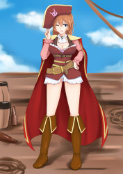 Rule 34 | 1girl, absurdres, alternate costume, barrel, blue eyes, blue sky, boots, bottle, breasts, brown footwear, cape, charlotte e. yeager, cleavage, cleavage cutout, clothing cutout, cloud, commission, covered erect nipples, frilled sleeves, frills, gluteal fold, hair between eyes, hand on headwear, hand on own hip, highres, isosceles triangle (xyzxyzxyz), knee boots, large breasts, long hair, orange hair, panties, pirate, pixiv commission, red cape, rope, sailing ship, sidelocks, sky, solo, strike witches, underwear, white panties, world witches series