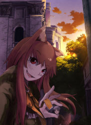 Rule 34 | 00s, animal ears, bad id, bad pixiv id, brown hair, bsan, building, craft lawrence, fang, holo, long hair, perspective, red eyes, ribbon, short hair, spice and wolf, sunset, tree, wolf ears