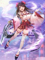 Rule 34 | 1girl, belt bow, black hair, breasts, cherry blossoms, clogs, crpg (creative rpg), gakuon (gakuto), headband, holding, holding weapon, japanese clothes, katana, kimono, long hair, looking at viewer, miko, miniskirt, official art, open mouth, platform clogs, skirt, sword, thighs, weapon