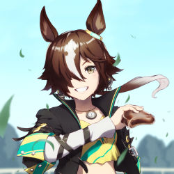 Rule 34 | 1girl, animal ears, black jacket, blue sky, brown hair, character request, commentary request, crop top, day, grey eyes, hair over one eye, highres, holding, horse ears, jacket, long hair, long sleeves, low ponytail, midriff, open clothes, open jacket, shirt, sky, solo, tenkey2022, umamusume, upper body, yellow shirt