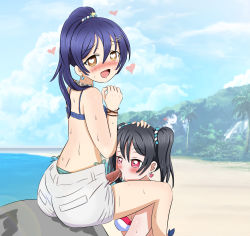 Rule 34 | 10s, 2girls, absurdres, alternate hairstyle, armband, ass, back, bad anatomy, beach, bikini, black hair, blue bikini, blue hair, blush, breasts, brown eyes, cloud, cum, cum in mouth, cumdrip, danzfloor, earrings, facial, fellatio, futa with female, futanari, hair ornament, hair scrunchie, hairclip, hand on another&#039;s head, heart, heart-shaped pupils, heart earrings, highres, jewelry, long hair, looking at viewer, looking back, love live!, love live! school idol project, medium hair, multiple girls, necklace, no nose, ocean, open mouth, oral, outdoors, palm tree, penis, ponytail, red eyes, rock, sand, scrunchie, shorts, sitting, sky, small breasts, smile, sonoda umi, sweat, swimsuit, symbol-shaped pupils, tree, twintails, uncensored, water, yazawa nico