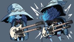 Rule 34 | 1girl, ^^^, black eyes, black shirt, blue hair, blue skin, cloak, closed mouth, colored skin, cracked skin, dark side of the moon, elden ring, electric guitar, extra arms, extra faces, fur cloak, grey background, guitar, hat, headbanging, holding, holding instrument, holding plectrum, instrument, merchandise, miyan (oceanmaiden), multi-neck guitar, multiple views, music, one eye closed, pink floyd, playing instrument, plectrum, ranni the witch, shirt, twitter username, witch hat