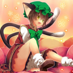 Rule 34 | 1girl, :d, animal ears, bad id, bad pixiv id, brown hair, cat ears, cat girl, cat tail, chen, female focus, fuepo, hat, multiple tails, open mouth, short hair, skirt, skirt set, smile, solo, tail, touhou, yellow eyes
