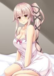 Rule 34 | 1girl, absurdres, bed sheet, blush, breasts, camisole, cleavage, closed mouth, collarbone, hair between eyes, highres, kantai collection, large breasts, long hair, looking at viewer, pink hair, ponytail, ruin re birth, smile, solo, very long hair, white camisole, yellow eyes, yura (kancolle)
