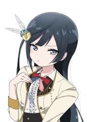 Rule 34 | 1girl, aqua flower, aqua rose, artist name, artist request, beige jacket, black hair, blue hair, blue neckwear, blush, bow, bowtie, breasts, brown jacket, center frills, chase (love live!), collared shirt, cropped jacket, dark blue hair, dress, dress shirt, feather hair ornament, feathers, female focus, flower, flower print, frilled dress, frills, gloves, grey eyes, hair flower, hair ornament, half gloves, hand on own chest, jacket, light brown jacket, long hair, looking at viewer, love live!, love live! nijigasaki high school idol club, love live! school idol festival, necktie, nijigasaki academy school uniform, parted lips, pink neckwear, ponytail, red bow, red neckwear, rose, school uniform, shirt, side ponytail, small breasts, smile, solo, upper body, white background, white feathers, white gloves, white shirt, yellow flower, yellow jacket, yellow rose, yuki setsuna (love live!)