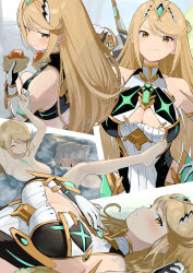 Rule 34 | 2girls, absurdres, animal ears, armpit crease, bare legs, bare shoulders, barefoot, blonde hair, blush, breast envy, breasts, cat ears, chest jewel, cleavage, commentary request, core crystal (xenoblade), dress, earrings, eating, elbow gloves, expressions, feet, gloves, grey hair, headpiece, highres, jewelry, large breasts, legs, long hair, looking at viewer, mameroku, microdress, multiple girls, multiple views, mythra (xenoblade), nia (xenoblade), open mouth, pout, short hair, smile, swept bangs, tiara, toes, very long hair, xenoblade chronicles (series), xenoblade chronicles 2, yellow eyes