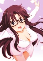 Rule 34 | 1girl, blurry, bottomless, breasts, brown hair, cleavage, depth of field, glasses, hair intakes, long hair, looking at viewer, naked shirt, open mouth, outstretched arms, parted bangs, read or die, rectangular eyewear, sakaki imasato, shirt, solo, yomiko readman