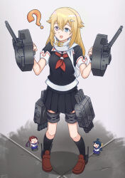Rule 34 | 1girl, ?, absurdres, blonde hair, cannon, confused, cosplay, fairy (kancolle), full body, hair flaps, heterochromia, highres, kantai collection, koga twin (female), long hair, nwr, open mouth, original, scarf, school uniform, torpedo tubes, yuudachi (kancolle), yuudachi kai ni (kancolle), yuudachi kai ni (kancolle) (cosplay)