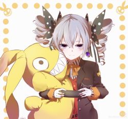 Rule 34 | 1girl, bronya zaychik, bronya zaychik (wolf&#039;s dawn), controller, doll, drill hair, earrings, grey eyes, grey hair, hair between eyes, holding, homu (honkai impact), honkai (series), honkai impact 3rd, hugging doll, hugging object, jewelry, looking at viewer, playing games, simple background, smile, solo, twin drills, white background, xia bao (wulalala)