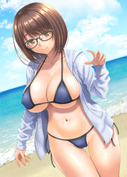 Rule 34 | 1girl, beach, bikini, blue bikini, blue jacket, blue sky, breasts, brown eyes, brown hair, cleavage, closed mouth, cloud, collarbone, commentary request, covered erect nipples, cowboy shot, day, drawstring, glasses, groin, hand up, hida tatsuo, hood, hood down, hooded jacket, jacket, large breasts, long sleeves, looking at viewer, navel, ocean, open clothes, open jacket, original, outdoors, psd available, short hair, side-tie bikini bottom, sidelocks, skindentation, sky, smile, solo, standing, stomach, swimsuit, thigh gap, underboob