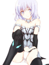 Rule 34 | 10s, 1girl, animal ears, bare shoulders, black gloves, black thighhighs, blue eyes, cat tail, elbow gloves, frame arms girl, gloves, kurokawa (silve), looking at viewer, materia (frame arms girl), mecha musume, panties, silver hair, simple background, sitting, smile, solo, tail, thighhighs, underwear, white background, white panties