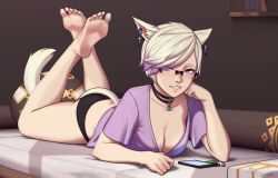 Rule 34 | 1girl, animal ears, ass, warrior of light (ff14), bare legs, barefoot, black choker, black panties, blush, breasts, cat ears, cat tail, cellphone, choker, cleavage, cleavage reach, commentary, commission, cross, cross earrings, crossed ankles, downblouse, earrings, english commentary, feet, feet up, fictional persona, final fantasy, final fantasy xiv, full body, glasses, head rest, jewelry, large breasts, legs up, looking at viewer, lying, maria reya, miqo&#039;te, multicolored hair, no bra, no pants, on bed, on stomach, panties, phone, platinum blonde hair, purple eyes, purple hair, razalor, rimless eyewear, second-party source, short hair, smartphone, soles, solo, swept bangs, tail, the pose, toes, two-tone hair, underwear, v-neck