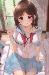 Rule 34 | 1girl, :p, arm support, bare shoulders, blue sailor collar, blue skirt, blush, bow, bow bra, bra, breasts, brick wall, brown hair, closed mouth, collarbone, day, hand up, highres, holding, indoors, long hair, looking at viewer, medium breasts, minato ojitan, navel, neckerchief, off shoulder, open clothes, open shirt, original, panties, parted bangs, pleated skirt, red eyes, red neckerchief, sailor collar, school uniform, serafuku, shirt, short sleeves, sitting, skirt, smile, stethoscope, tongue, tongue out, translation request, underwear, white bra, white panties, white shirt, window