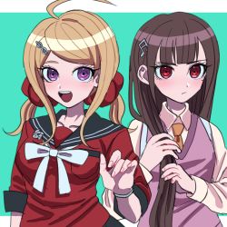 Rule 34 | 2girls, :d, akamatsu kaede, akamatsu kaede (cosplay), blonde hair, blush, breasts, brown hair, collarbone, commentary request, cosplay, costume switch, danganronpa (series), danganronpa v3: killing harmony, esu (tasoesu), fortissimo, frown, green background, hair ornament, hair scrunchie, hairclip, harukawa maki, harukawa maki (cosplay), highres, holding, holding own hair, long hair, looking at viewer, low twintails, medium breasts, mole, mole under eye, multiple girls, musical note, musical note hair ornament, necktie, open mouth, pink vest, red eyes, red shirt, scrunchie, shirt, short twintails, smile, teeth, twintails, upper body, upper teeth only, vest, white background, white shirt