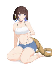 Rule 34 | 1girl, absurdres, arknights, bikini, bikini under clothes, black choker, blue eyes, blue hair, blue shorts, breasts, brown hair, choker, cleavage, colored tips, cutoff jeans, cutoffs, denim, denim shorts, ear piercing, eunectes (arknights), eunectes (forgemaster) (arknights), full body, highres, medium breasts, multicolored hair, navel, official alternate costume, parted lips, piercing, pointy ears, shorts, sideboob, simple background, sitting, slu w, snake tail, solo, streaked hair, swimsuit, tail, thighs, underboob, white background, white bikini, yokozuwari