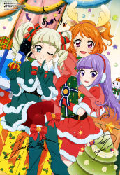 Rule 34 | 10s, 3girls, ;), absurdres, aikatsu!, aikatsu! (series), animal ears, animedia, antlers, blonde hair, boots, capelet, character signature, christmas, comic, crossed legs, deer ears, drill hair, earmuffs, elbow gloves, fake animal ears, fang, fang out, gift, gloves, green gloves, hairband, highres, hikami sumire, horns, looking back, multiple girls, non-web source, official art, one eye closed, orange hair, ozora akari, pantyhose, pink eyes, purple eyes, purple hair, red gloves, reindeer antlers, santa costume, scan, signature, smile, todo yurika, twin drills, twintails, watanabe satomi