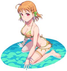 Rule 34 | 1girl, ahoge, bikini, breasts, cleavage, large breasts, looking at viewer, love live!, love live! sunshine!!, multicolored bikini, multicolored clothes, orange hair, pout, red eyes, swimsuit, takami chika, waste-man, water
