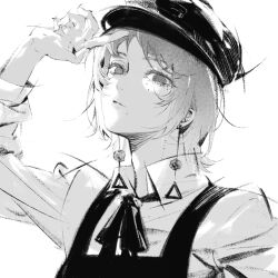Rule 34 | 1girl, arm up, black ribbon, chainsaw man, collared shirt, dress, earrings, fami (chainsaw man), greyscale, hat, head tilt, highres, jewelry, looking at viewer, military hat, mole, mole under eye, mole under mouth, monochrome, multiple moles, pinafore dress, ribbon, ringed eyes, shirt, short hair, simple background, sleeveless dress, solo, tassel, tassel earrings, tuzaixia, white background, white hair