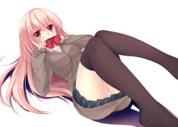 Rule 34 | 1girl, bad id, bad nicoseiga id, black thighhighs, blush, bow, cardigan, covering face, covering own mouth, covering privates, itou nanami, legs up, long hair, lying, on back, original, panties, pantyshot, pink hair, red eyes, simple background, skirt, sleeves past wrists, solo, striped clothes, striped panties, sweater, thighhighs, underwear