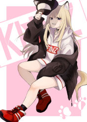 Rule 34 | absurdres, animal ears, blonde hair, dog ears, dog tail, full body, grin, hat, unworn hat, unworn headwear, highres, holding, holding clothes, holding hat, hood, hood down, hoodie, jacket, kmnz, long hair, mc lita, no pants, off shoulder, open clothes, open jacket, oversized clothes, sitting, smile, solo, suzukano pon, tail, virtual youtuber