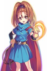 Rule 34 | 1girl, :d, arm warmers, barbara (dq6), belt, blue dress, brown eyes, brown hair, cape, dragon quest, dragon quest vi, dress, female focus, fire, gloves, hair between eyes, hand on own hip, high ponytail, long hair, looking at viewer, magic, open mouth, red cape, senri gan, simple background, smile, solo, standing, teeth, whip, white background, yellow gloves