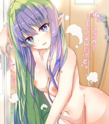 Rule 34 | 1girl, ameth (princess connect!), aono (f i s), bath, bathroom, blue eyes, blurry, blurry background, blush, breasts, collarbone, commentary request, completely nude, depth of field, green hair, highres, indoors, long hair, looking at viewer, medium breasts, multicolored hair, navel, nipples, nude, open mouth, pointy ears, princess connect!, purple hair, showering, smile, solo, steam, translation request, two-tone hair, wet