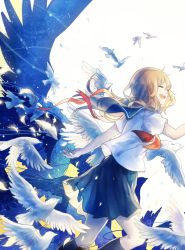 Rule 34 | 1girl, backlighting, bad id, bad pixiv id, bird, brown hair, commentary, domik, dove, closed eyes, feathers, light particles, long hair, open mouth, original, running, school uniform, serafuku, smile, solo